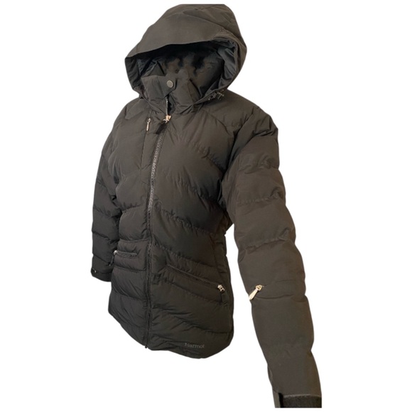 Marmot Womens 700 Fill Duck Down Insulated Puffer Jacket w Hood Black Sz Medium - Picture 2 of 7